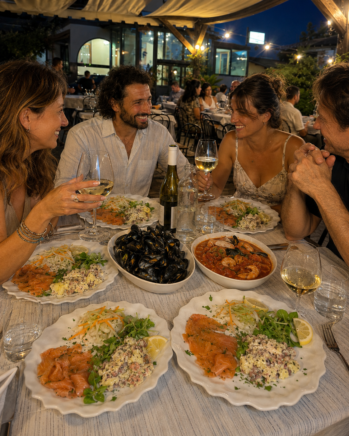 Clienti che gustano il menu di pesce alla Premiata Trattoria Prati